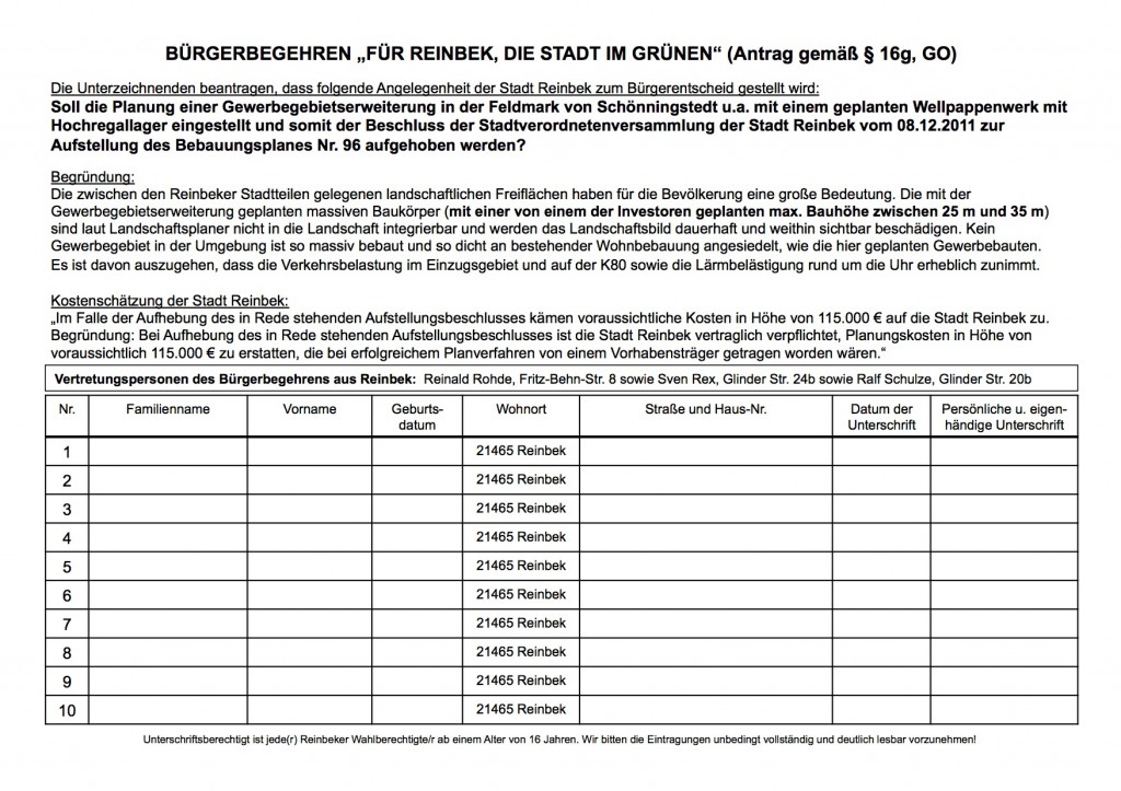 Unterschriftenliste Bürgerbegehren "Für Reinbek, die Stadt im Grünen" 2015